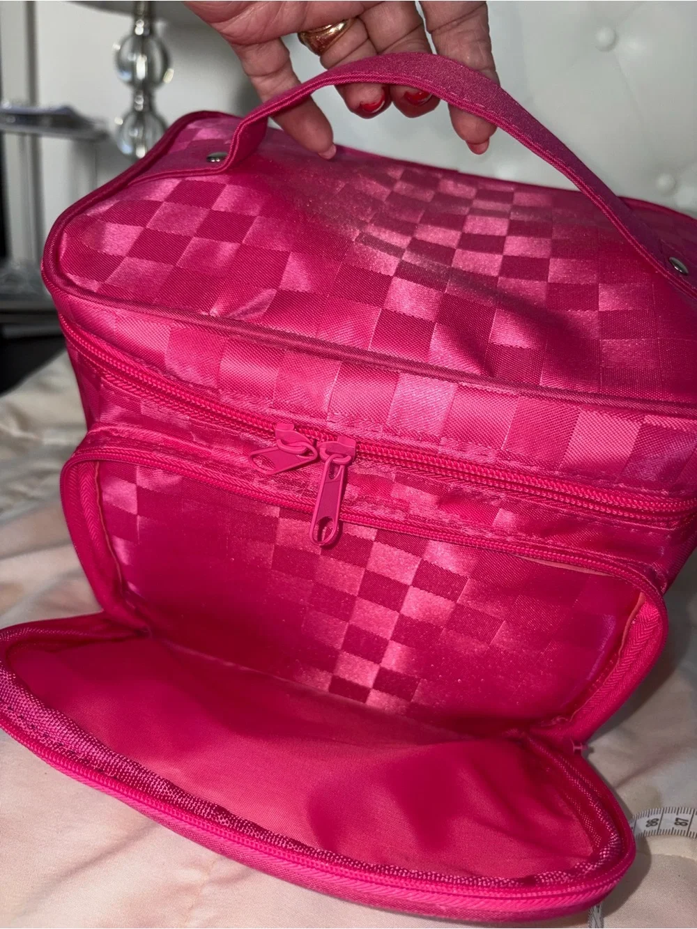 Bright Pink Checker Satin Cosmetic Travel Bag